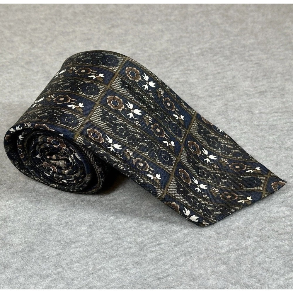 Adolfo XL Vintage Tie Geometric Floral Blue Brown Polyester 64x3.75in‎